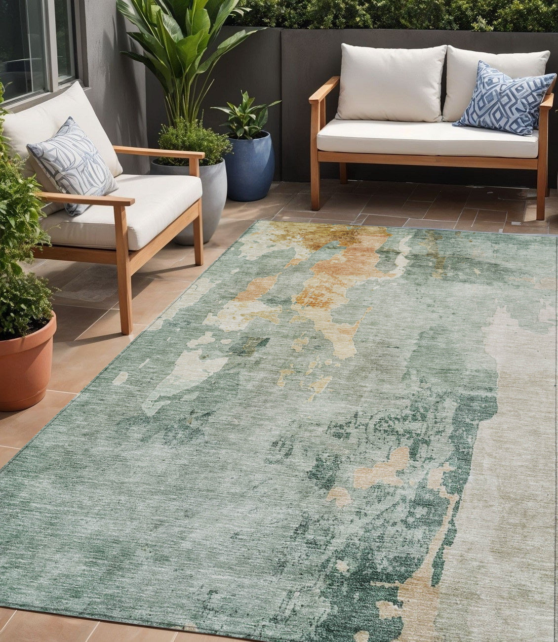5 X 8 Blue Copper And Gray Abstract Washable Indoor Outdoor Area Rug