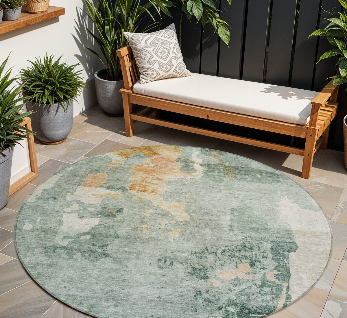 8 Blue Copper And Gray Round Abstract Washable Indoor Outdoor Area Rug