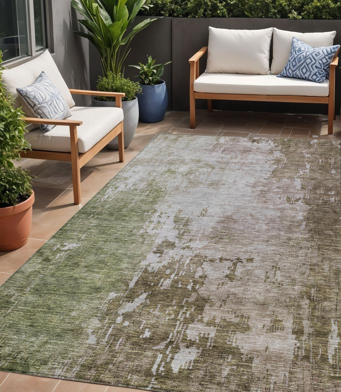 5 X 8 Brown And Green Abstract Washable Indoor Outdoor Area Rug