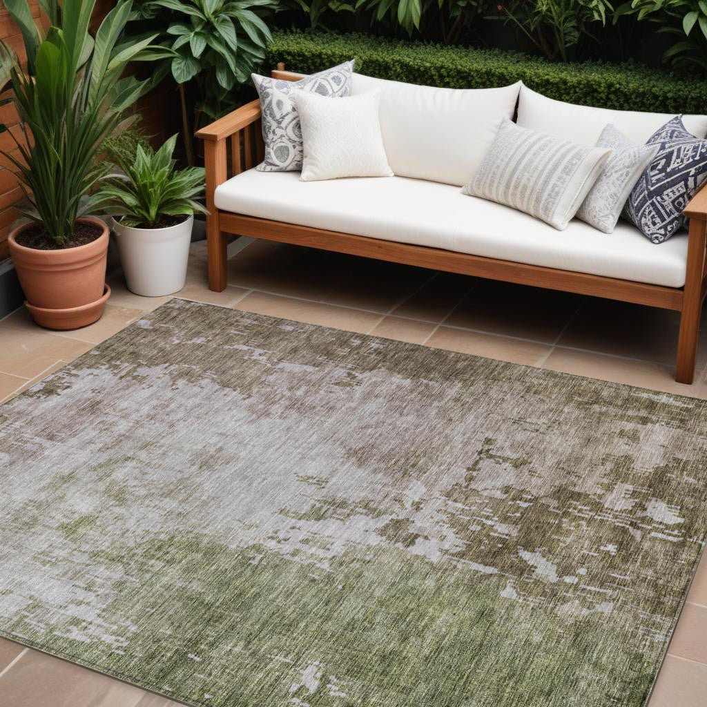 8 X 10 Brown And Green Abstract Washable Indoor Outdoor Area Rug
