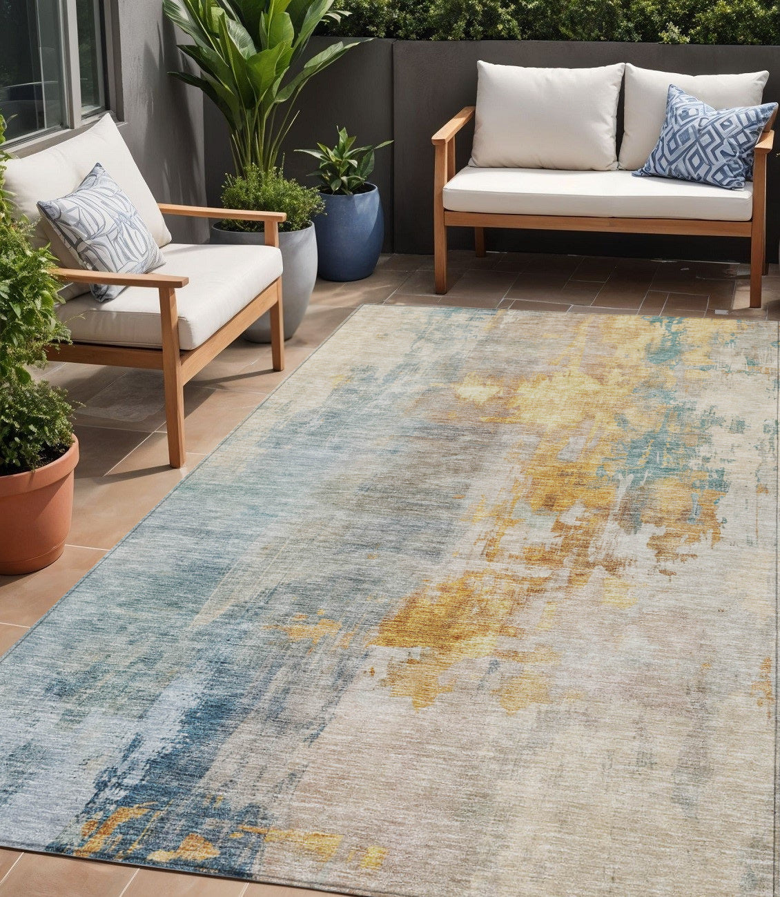5 X 8 Linen Teal Blue And Copper Abstract Washable Indoor Outdoor Area Rug