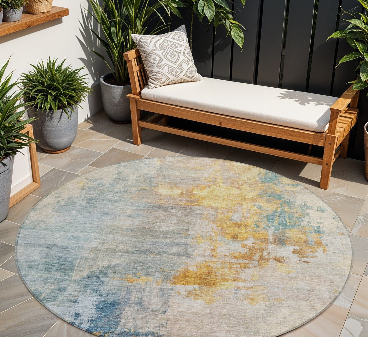 8 Linen Teal Blue And Copper Round Abstract Washable Indoor Outdoor Area Rug