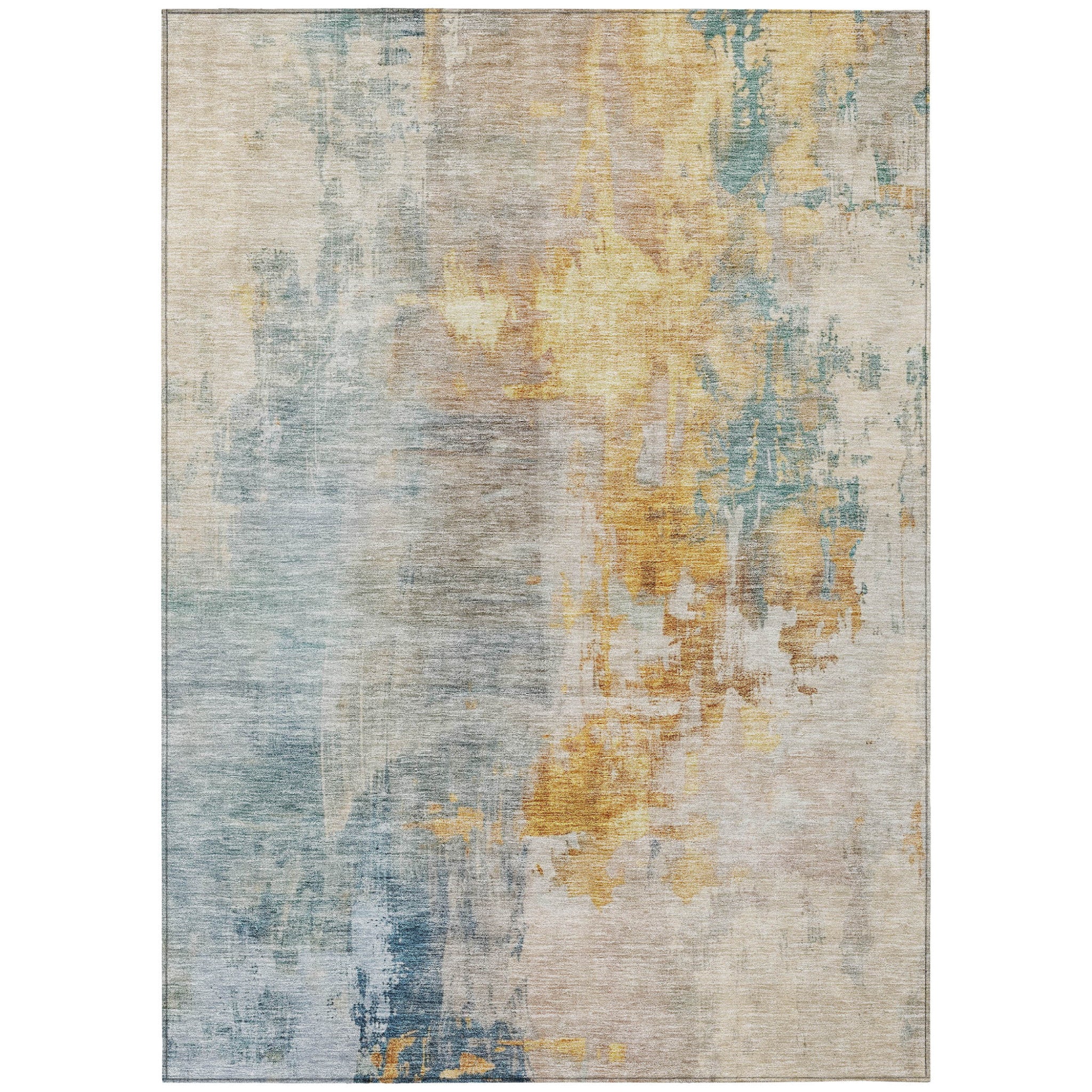 8 X 10 Linen Teal Blue And Copper Abstract Washable Indoor Outdoor Area Rug