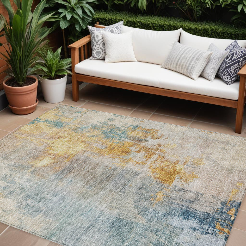 10 X 14 Linen Teal Blue And Copper Abstract Washable Indoor Outdoor Area Rug