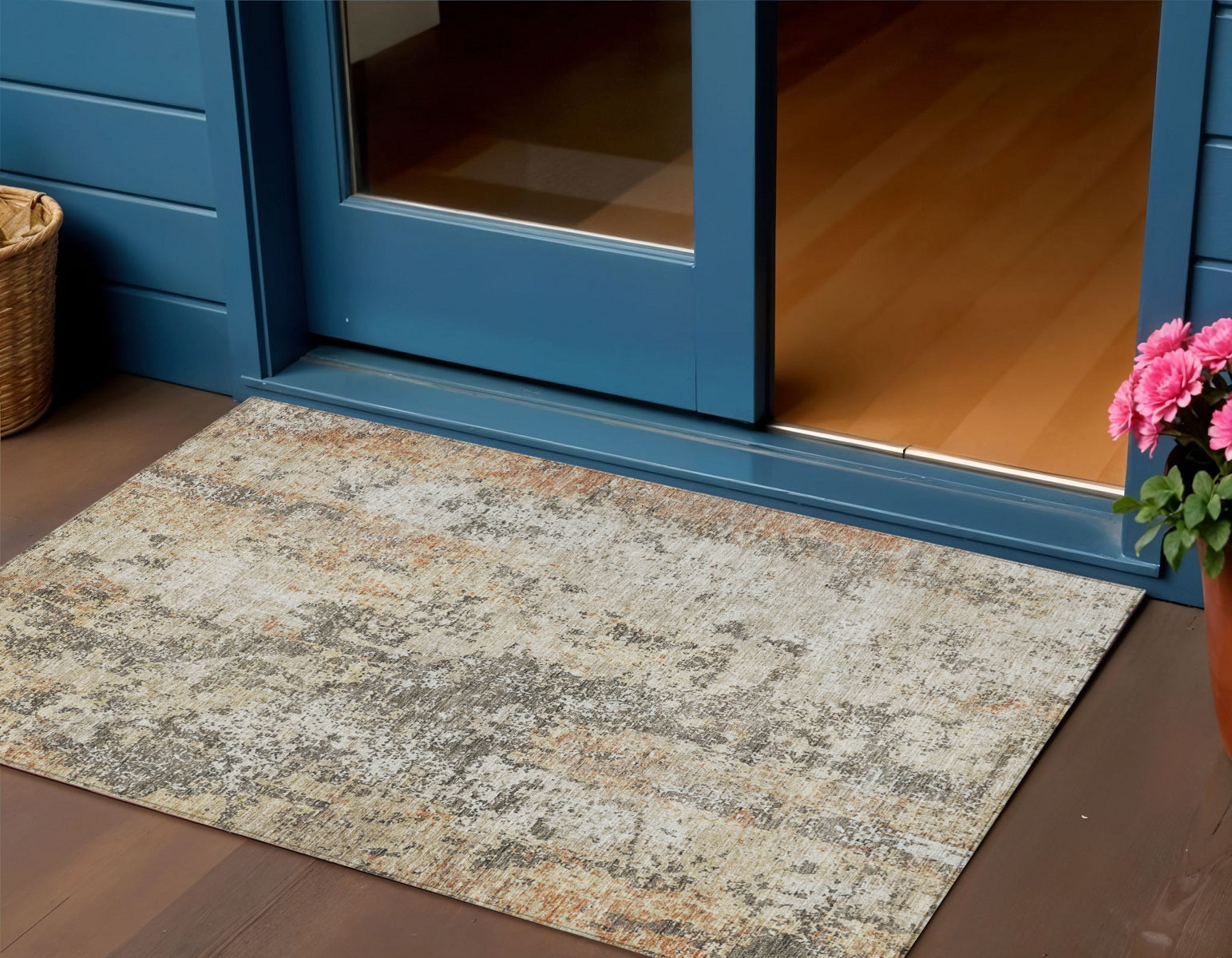 3 X 5 Terra Cotta Beige And Dark Gray Abstract Washable Indoor Outdoor Area Rug