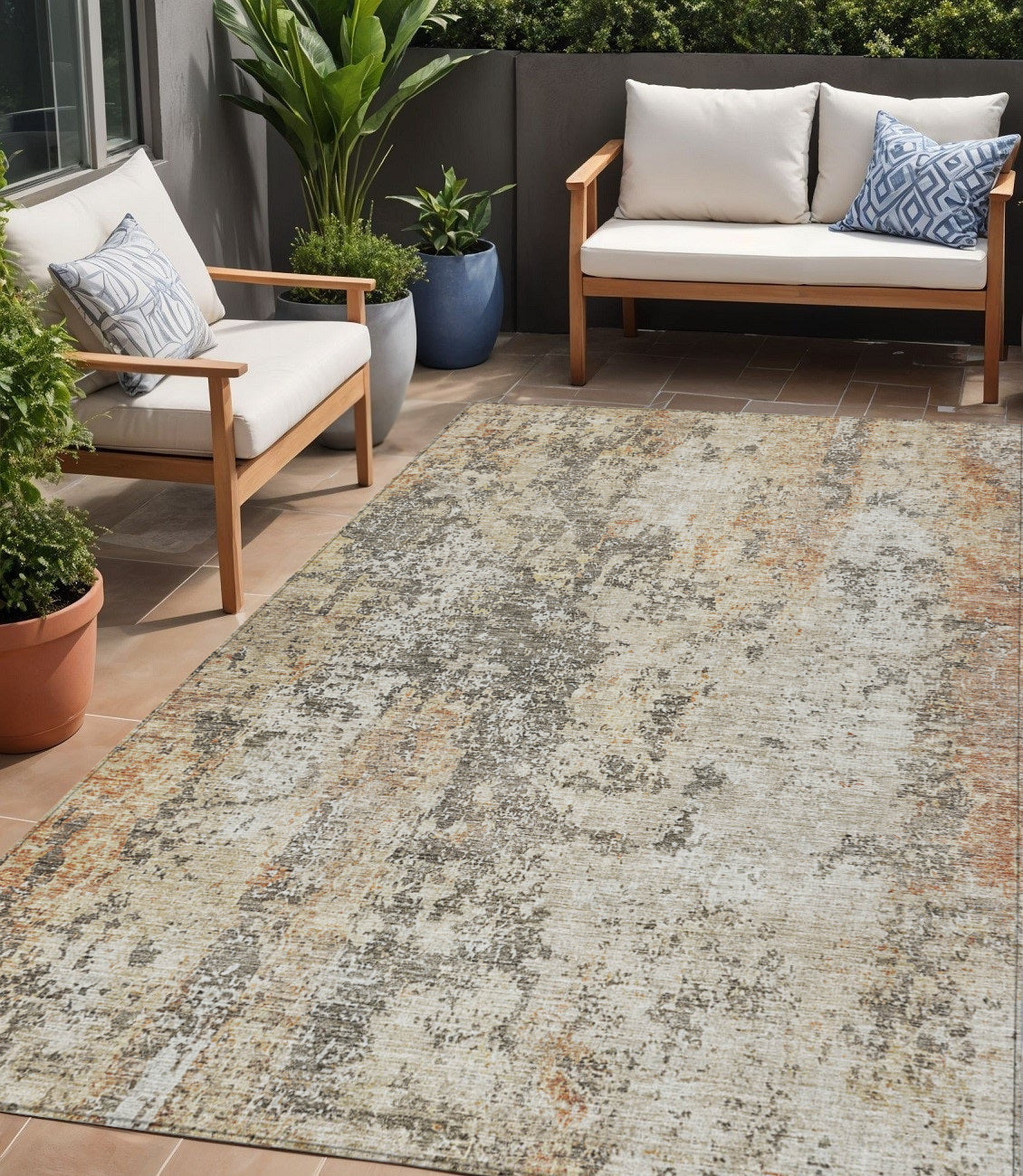 5 X 8 Terra Cotta Beige And Dark Gray Abstract Washable Indoor Outdoor Area Rug