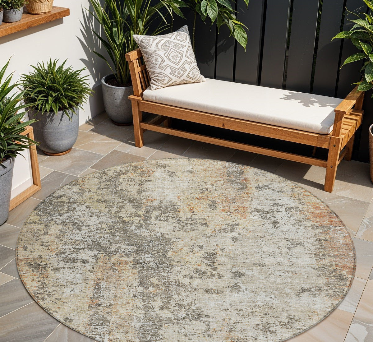 8 Terra Cotta Beige And Dark Gray Round Abstract Washable Indoor Outdoor Area Rug
