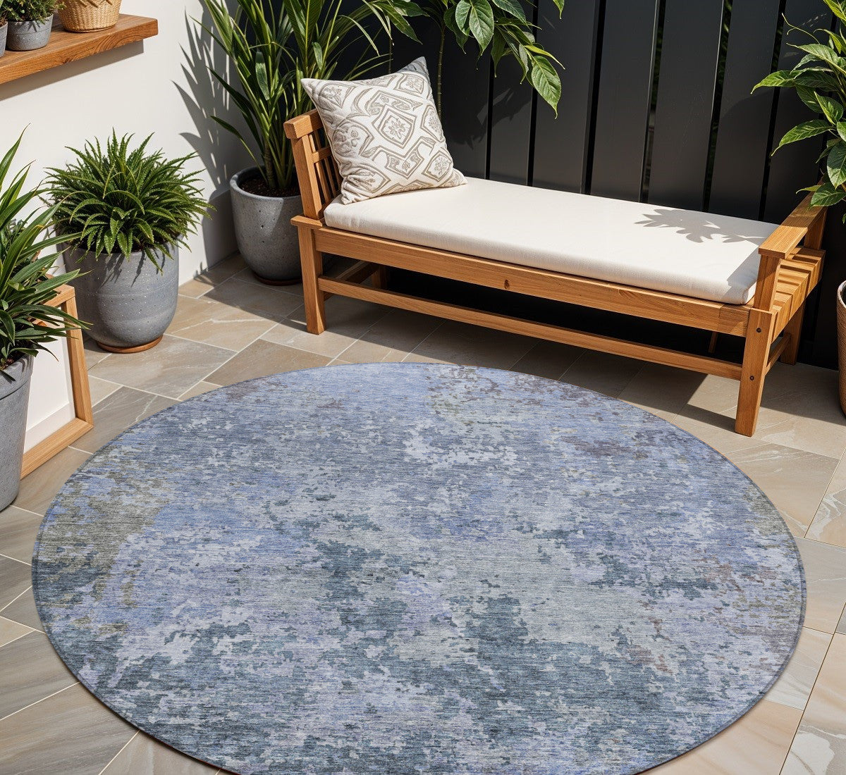 8 Blue And Dark Gray Round Abstract Washable Indoor Outdoor Area Rug