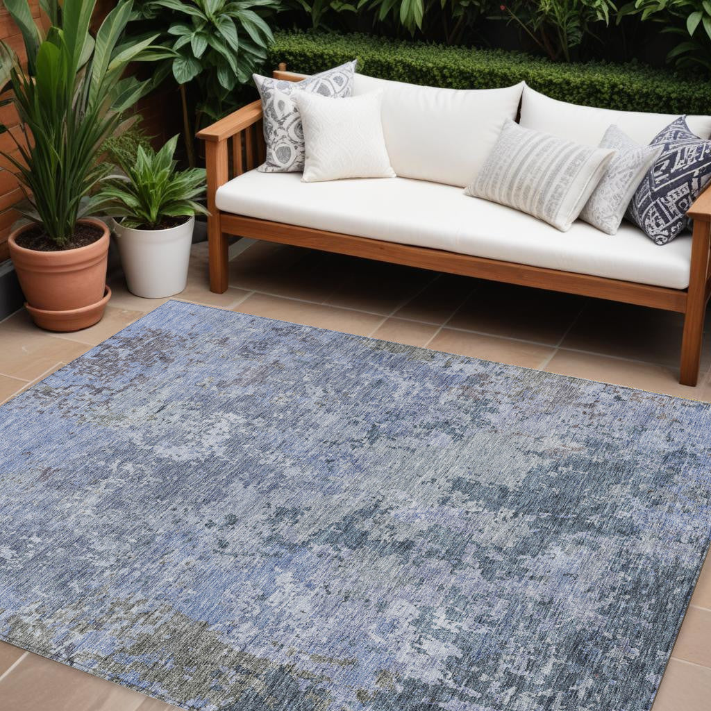 10 X 14 Blue And Dark Gray Abstract Washable Indoor Outdoor Area Rug