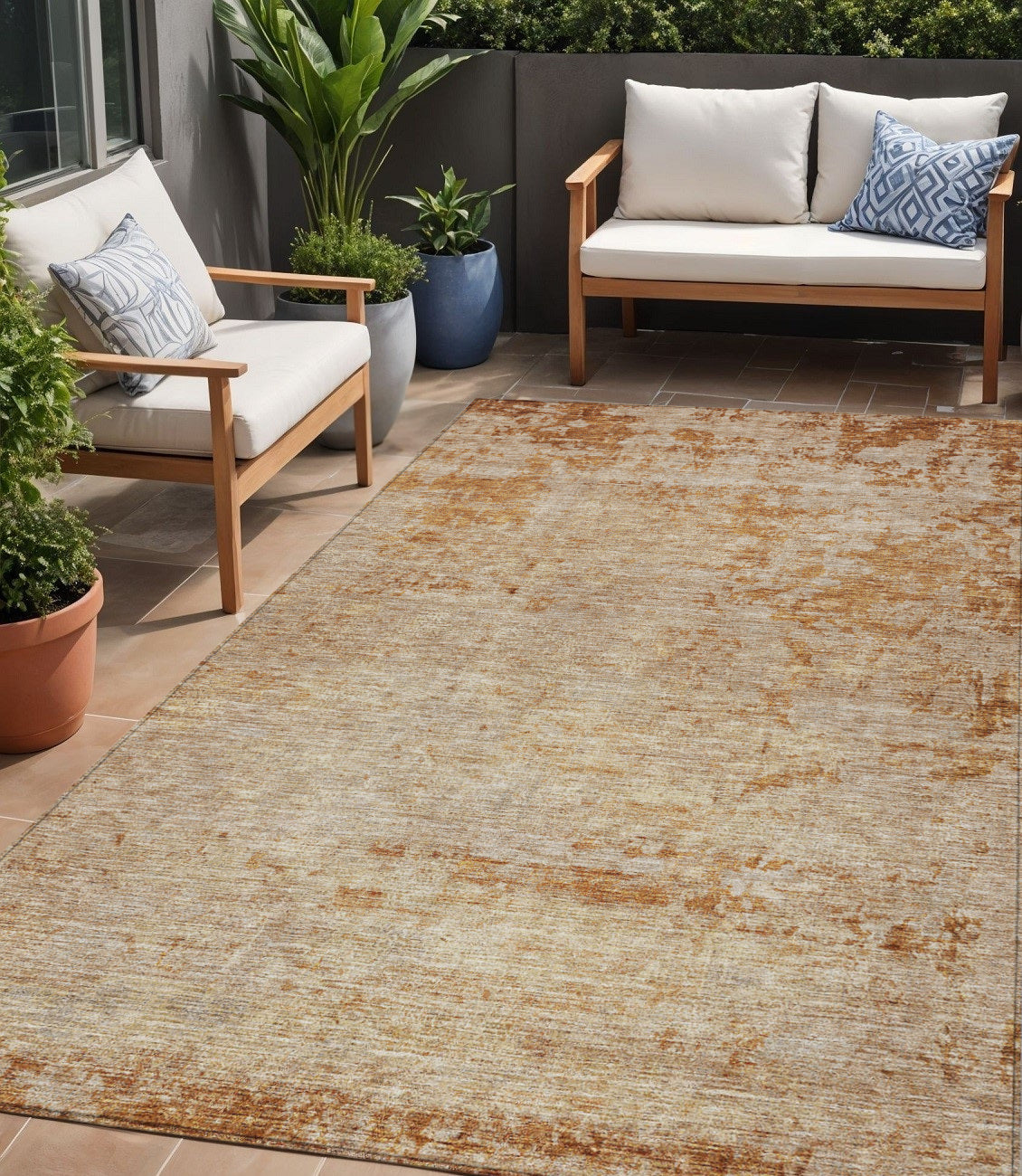 5 X 8 Copper And Terra Cotta Abstract Washable Indoor Outdoor Area Rug