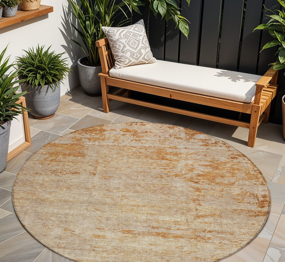 8 Copper And Terra Cotta Round Abstract Washable Indoor Outdoor Area Rug
