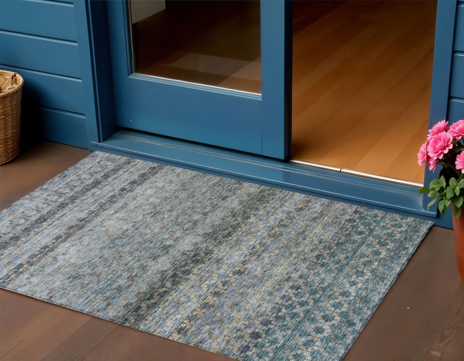 3 X 5 Teal Blue Light Blue And Gray Striped Washable Indoor Outdoor Area Rug