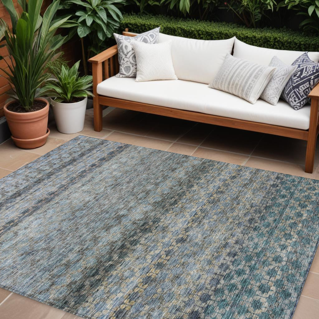 9 X 12 Teal Blue Light Blue And Gray Striped Washable Indoor Outdoor Area Rug