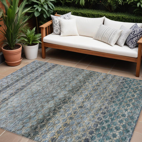 10 X 14 Teal Blue Light Blue And Gray Striped Washable Indoor Outdoor Area Rug