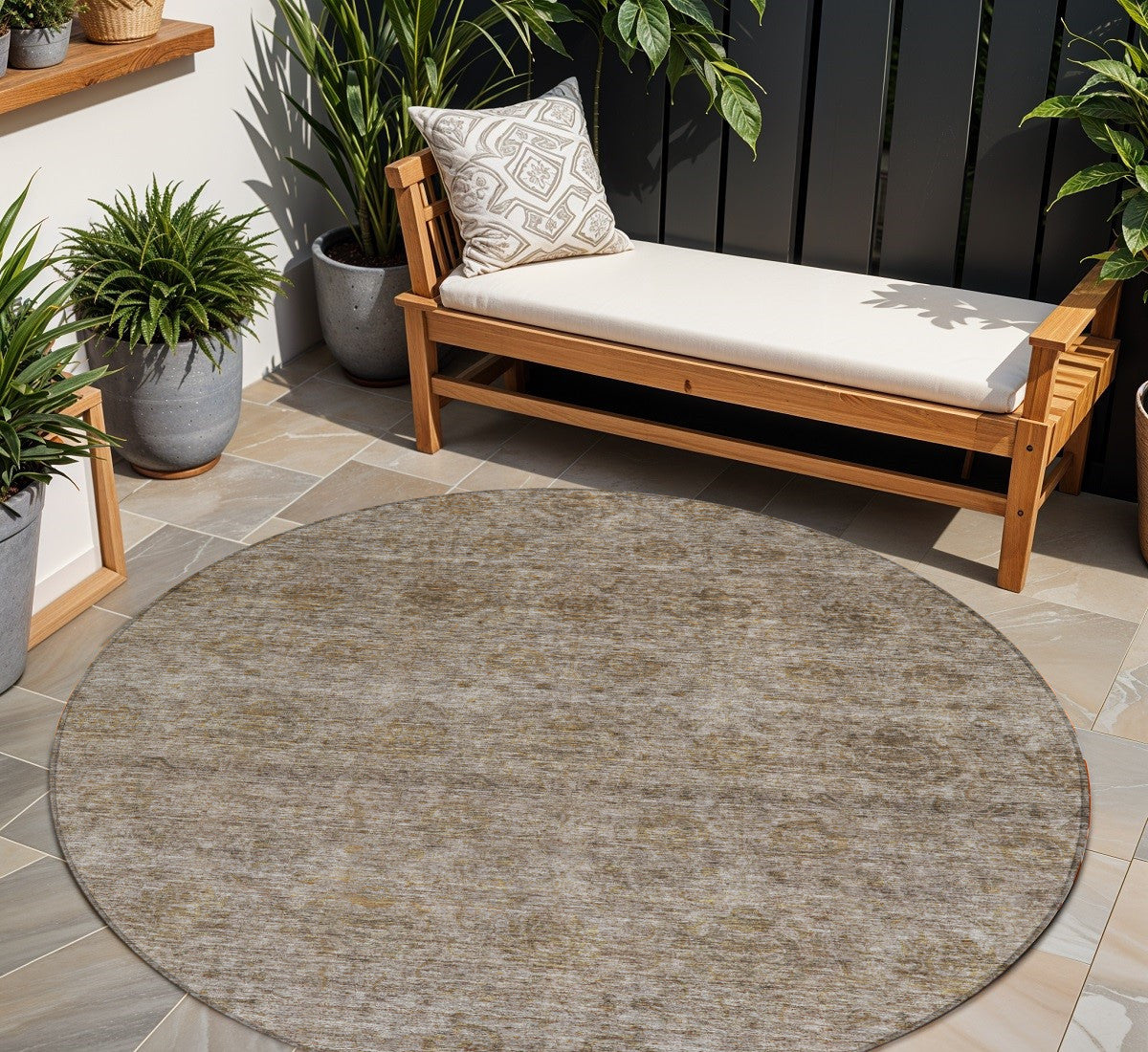8 Brown And Tan Round Floral Washable Indoor Outdoor Area Rug