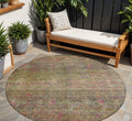 8 Artichoke Green And Hot Pink Round Floral Washable Indoor Outdoor Area Rug