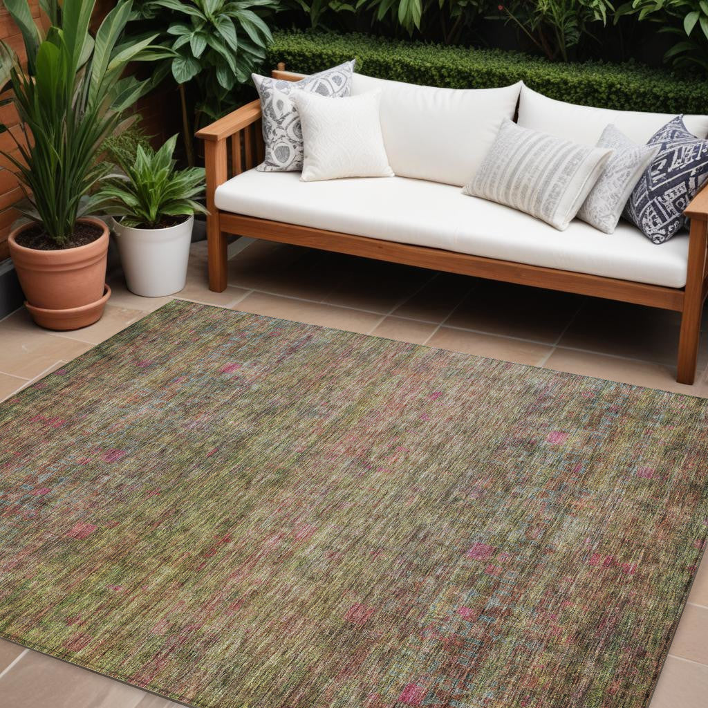 10 X 14 Artichoke Green And Hot Pink Floral Washable Indoor Outdoor Area Rug