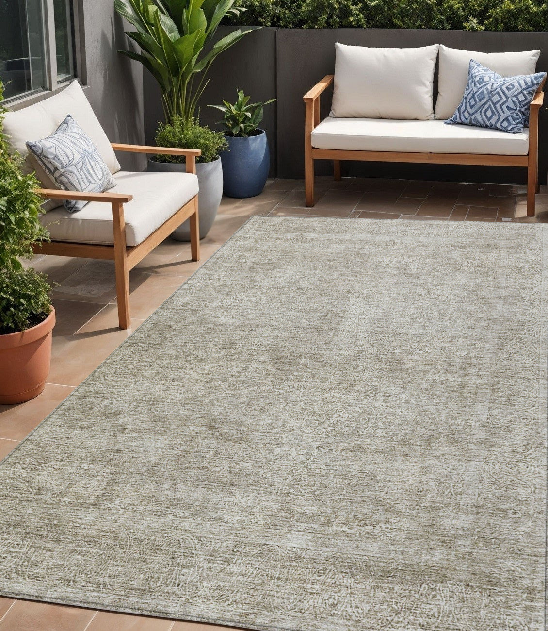 5 X 8 Linen And Gray Floral Washable Indoor Outdoor Area Rug