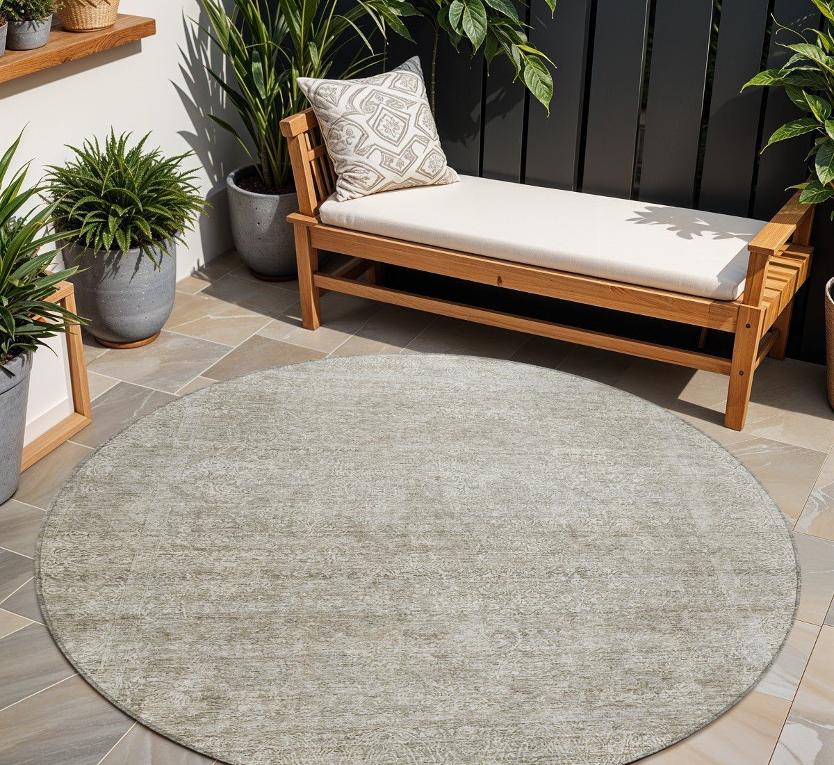 8 Linen And Gray Round Floral Washable Indoor Outdoor Area Rug