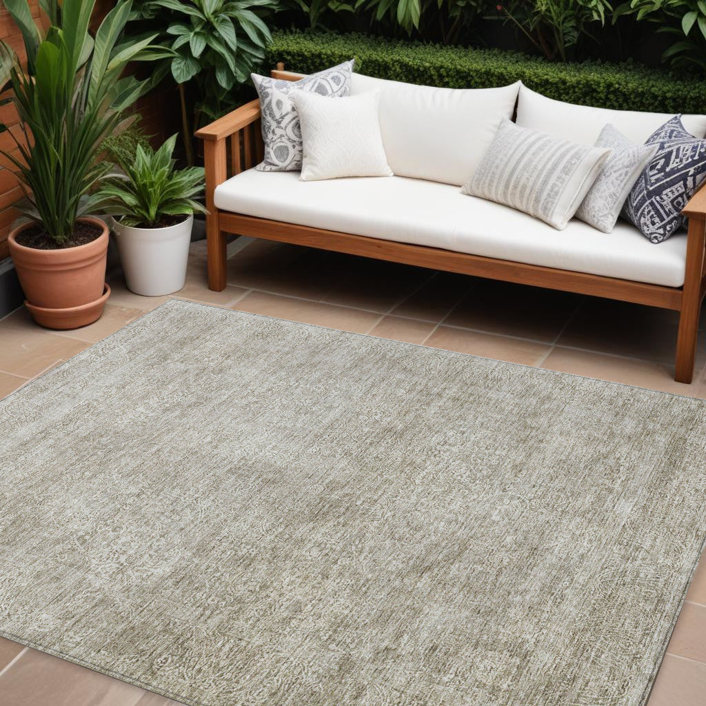 10 X 14 Linen And Gray Floral Washable Indoor Outdoor Area Rug