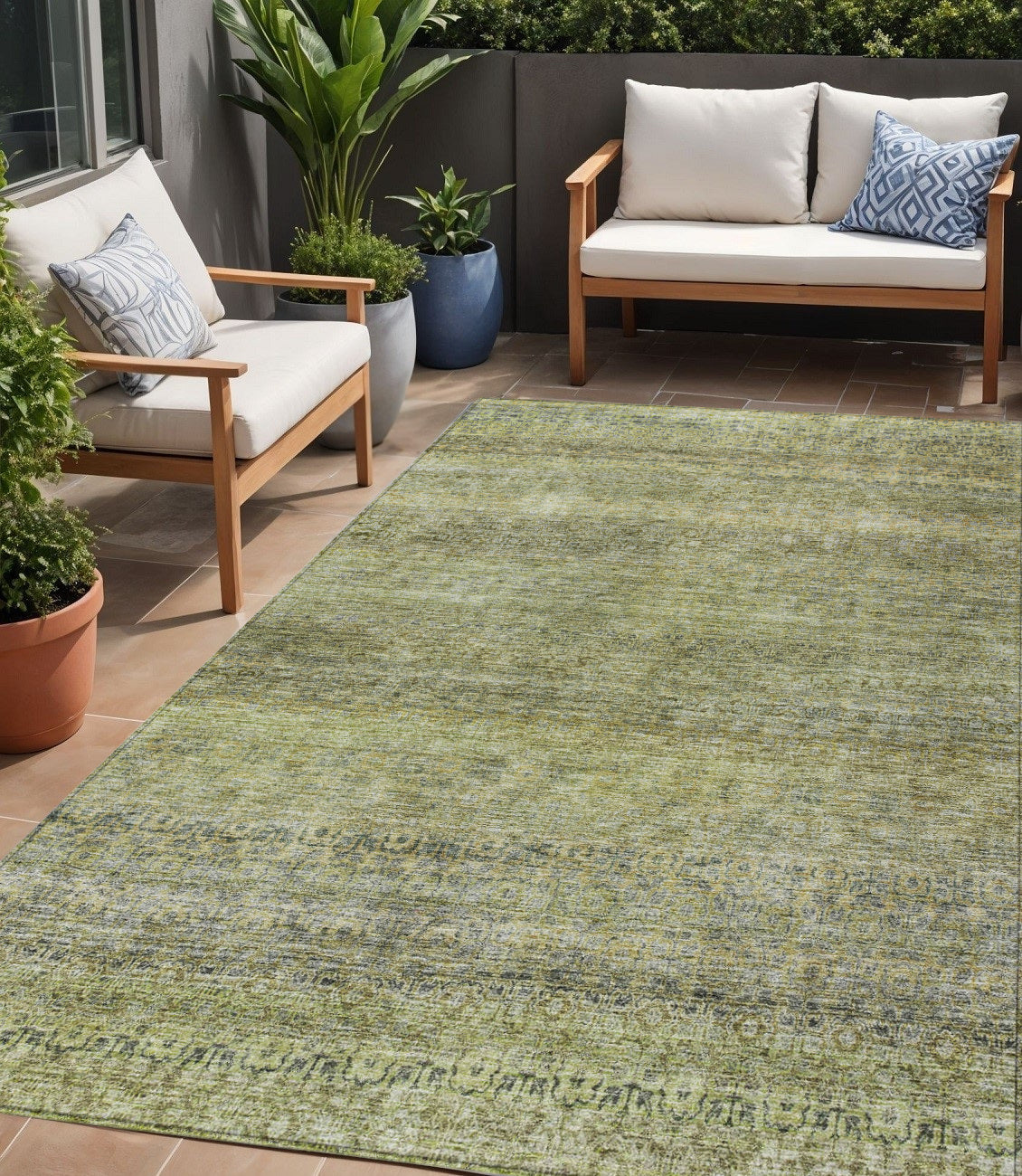 5 X 8 Artichoke Green Brown And Gray Striped Washable Indoor Outdoor Area Rug