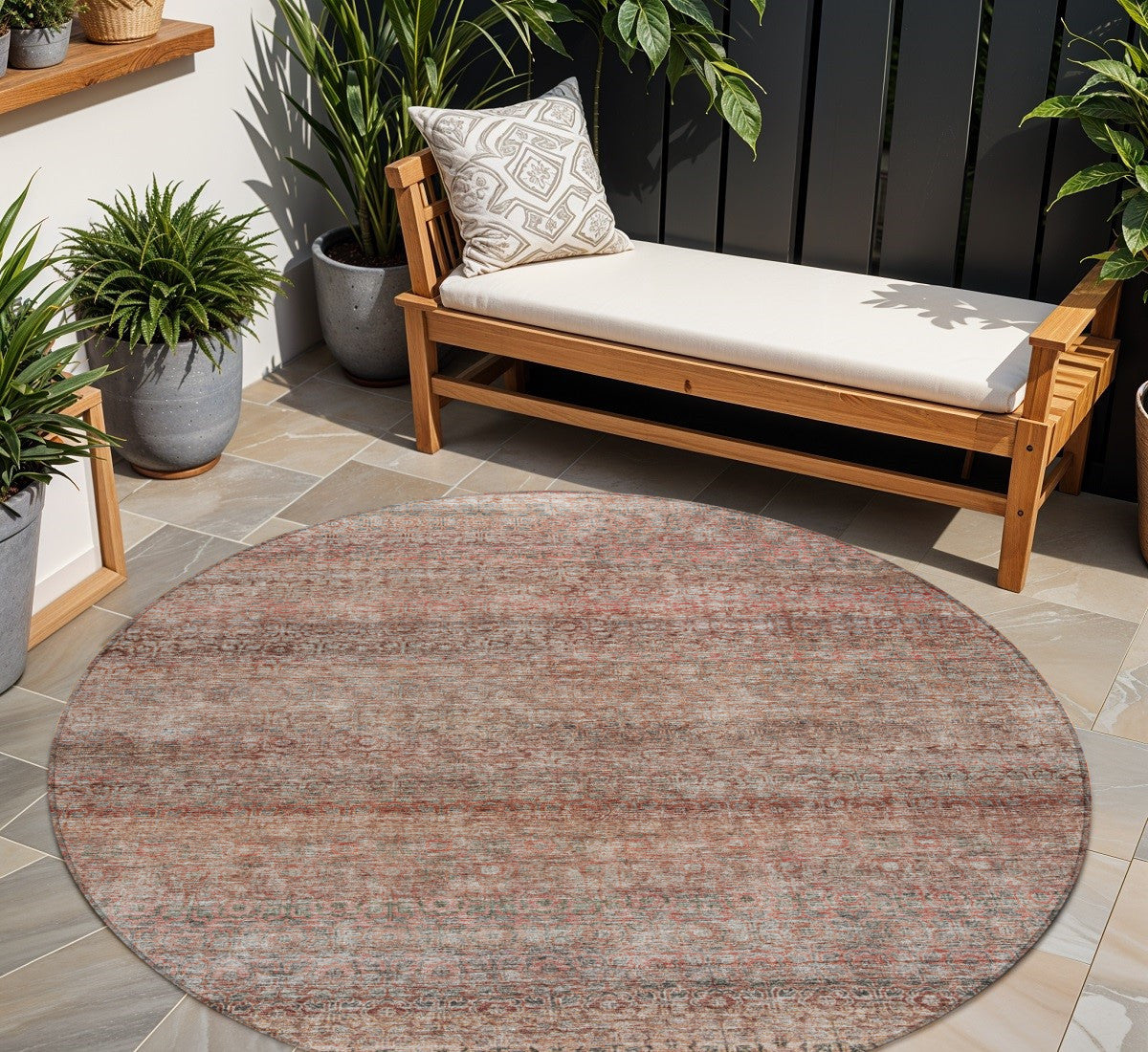 8 Coral And Black Round Striped Washable Indoor Outdoor Area Rug