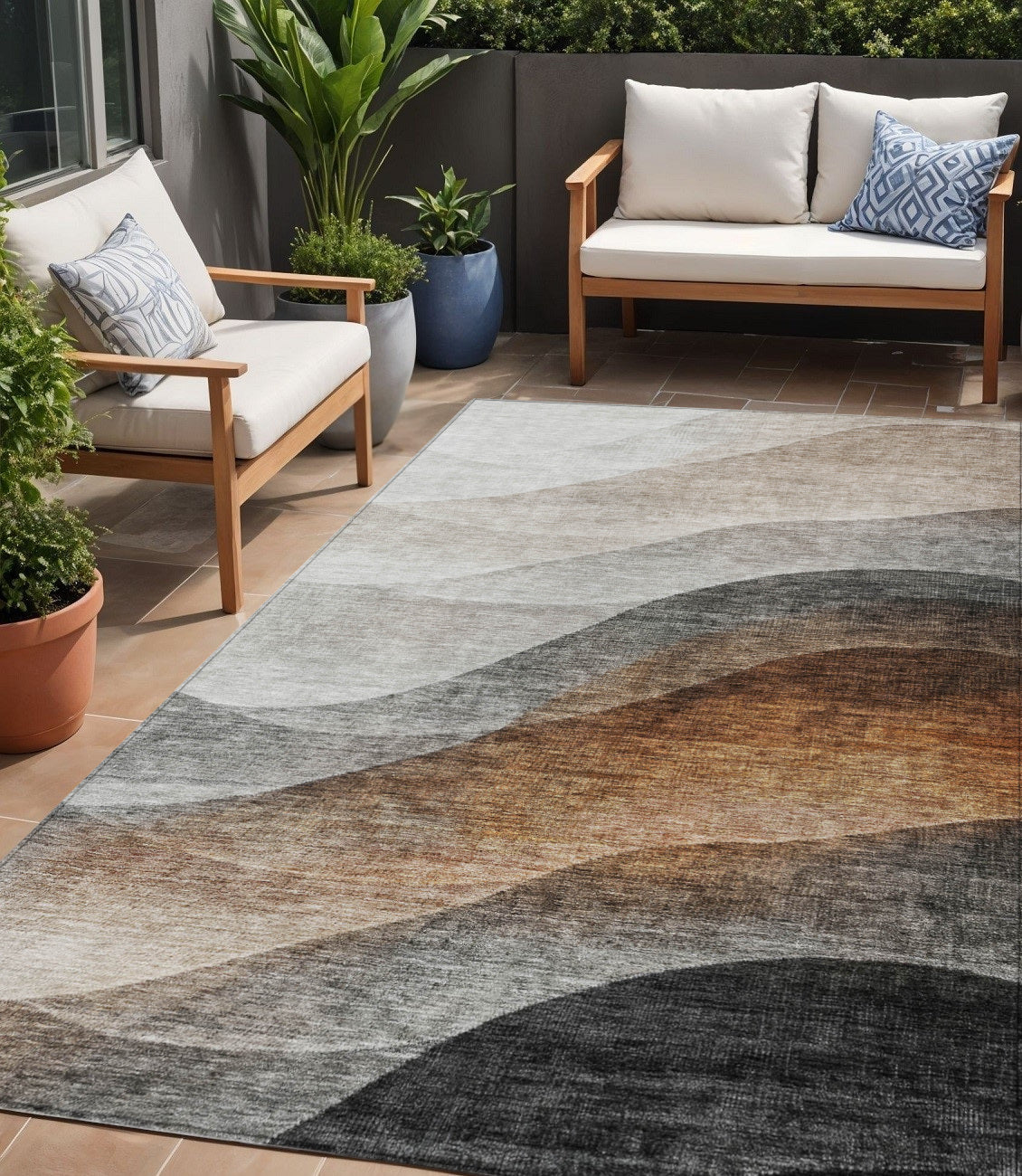 5 X 8 Khaki Black And Terra Cotta Abstract Washable Indoor Outdoor Area Rug