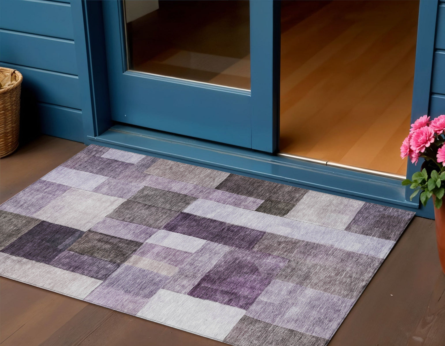 3 X 5 Eggplant Black And Lavender Geometric Washable Indoor Outdoor Area Rug