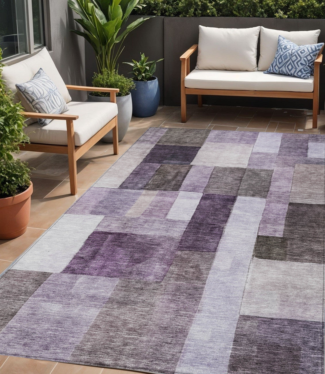 5 X 8 Eggplant Black And Lavender Geometric Washable Indoor Outdoor Area Rug