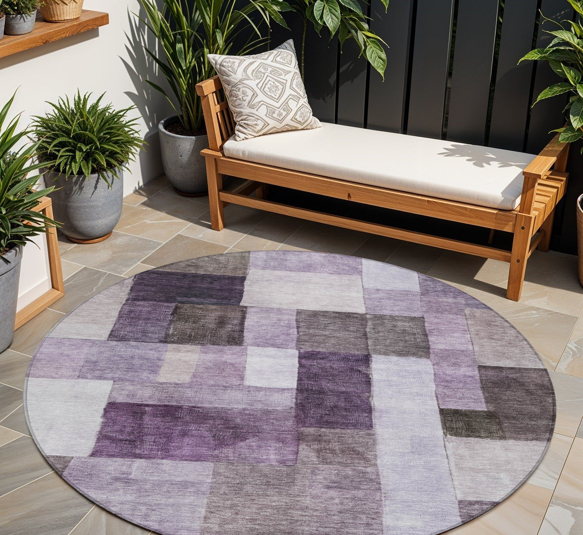 8 Eggplant Black And Lavender Round Geometric Washable Indoor Outdoor Area Rug