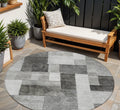 8 Pewter And Black Round Geometric Washable Indoor Outdoor Area Rug