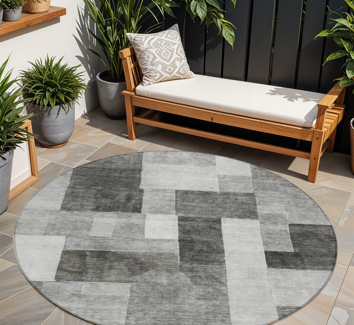8 Pewter And Black Round Geometric Washable Indoor Outdoor Area Rug