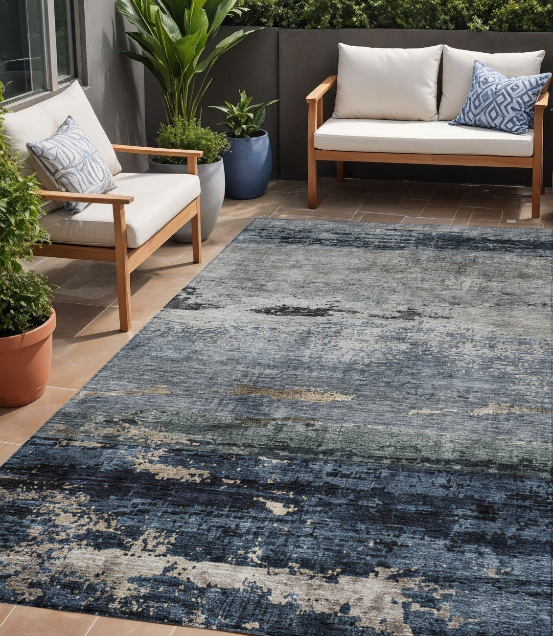 5 X 8 Navy Blue Gray And Black Abstract Washable Indoor Outdoor Area Rug