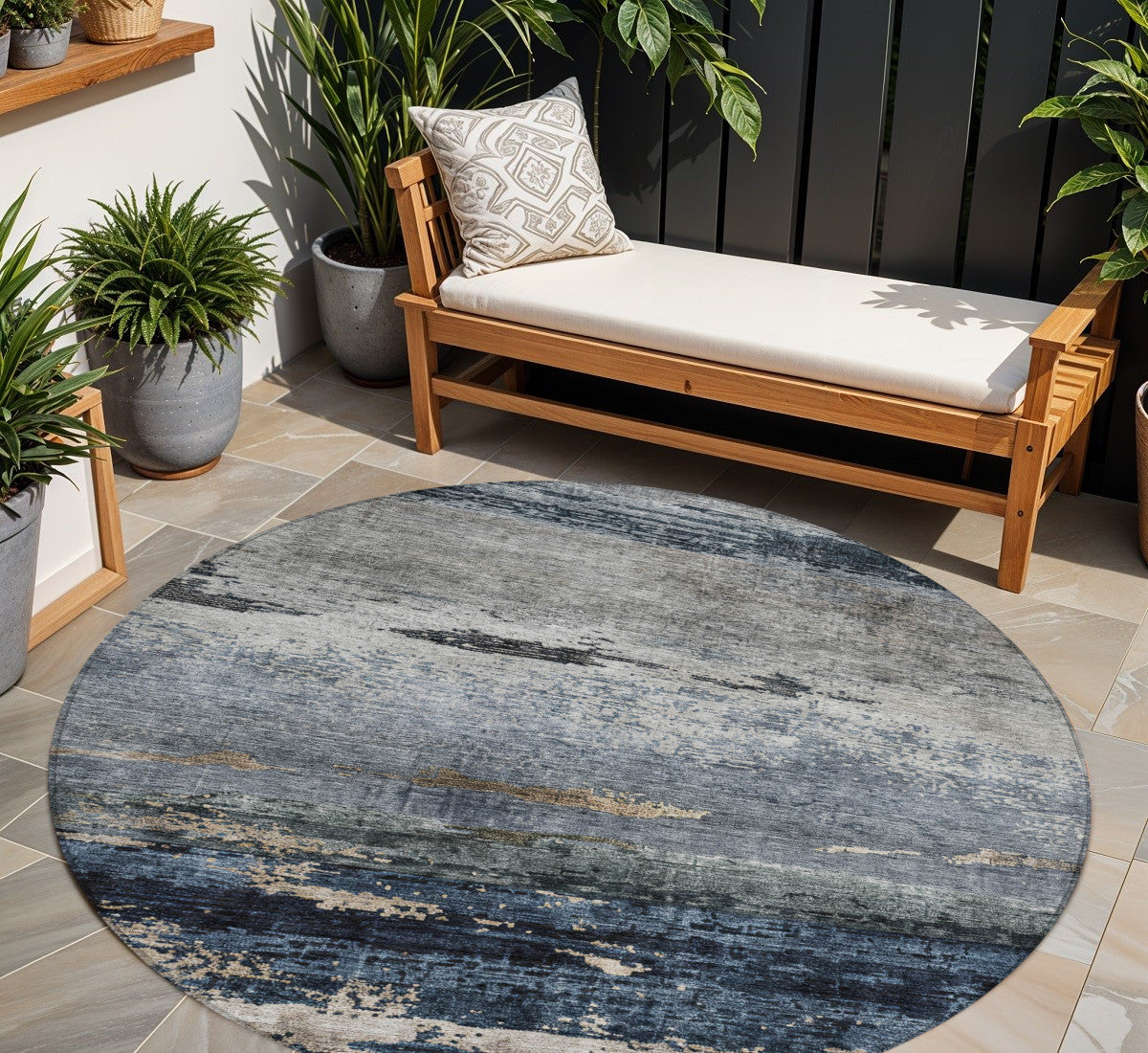 8 Navy Blue Gray And Black Round Abstract Washable Indoor Outdoor Area Rug
