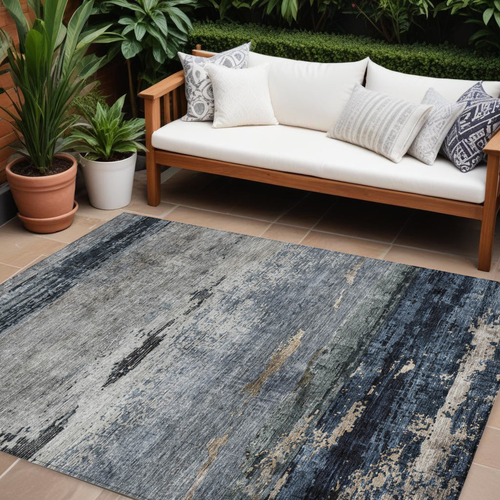8 X 10 Navy Blue Gray And Black Abstract Washable Indoor Outdoor Area Rug