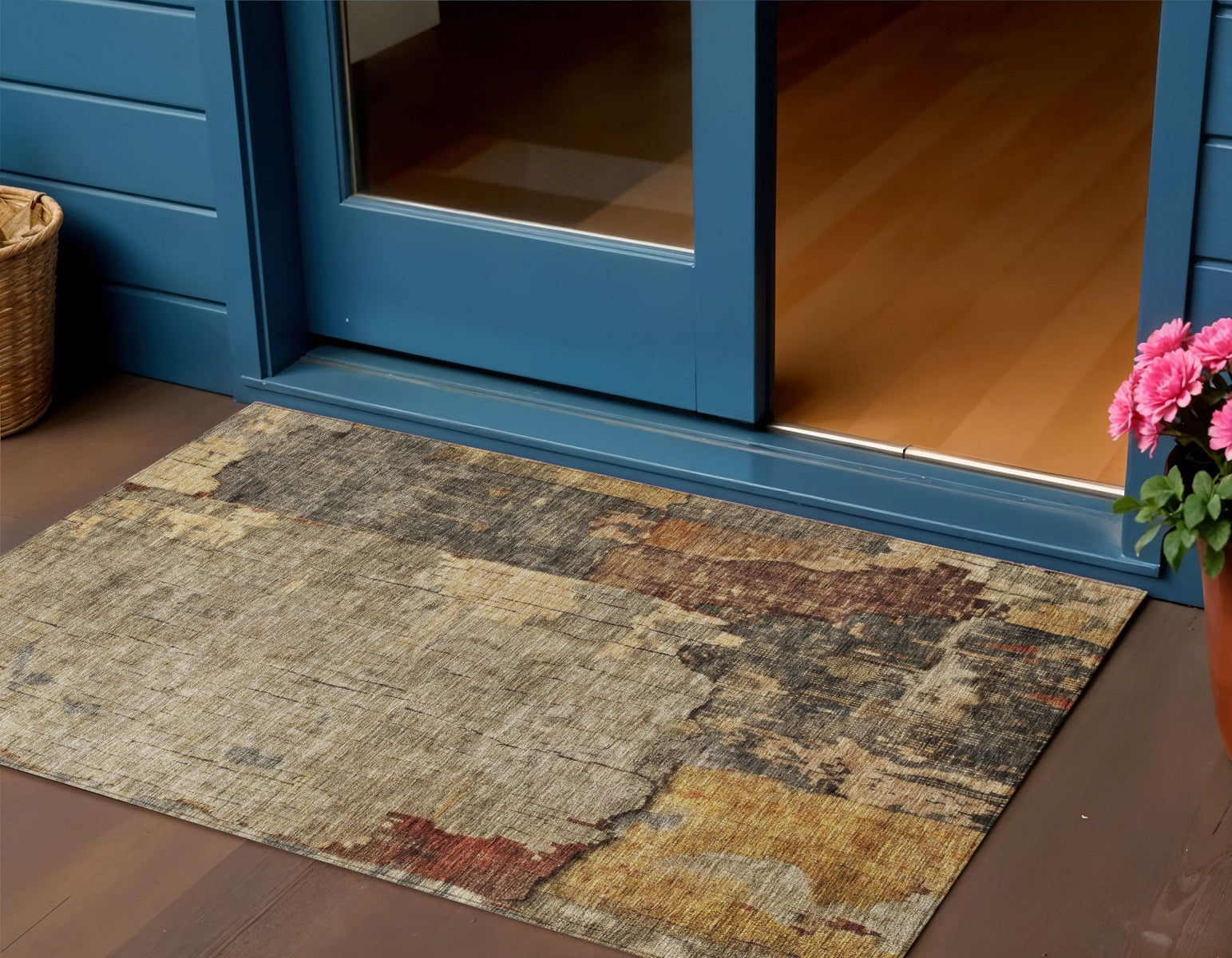 3 X 5 Khaki Charcoal And Terra Cotta Abstract Washable Indoor Outdoor Area Rug