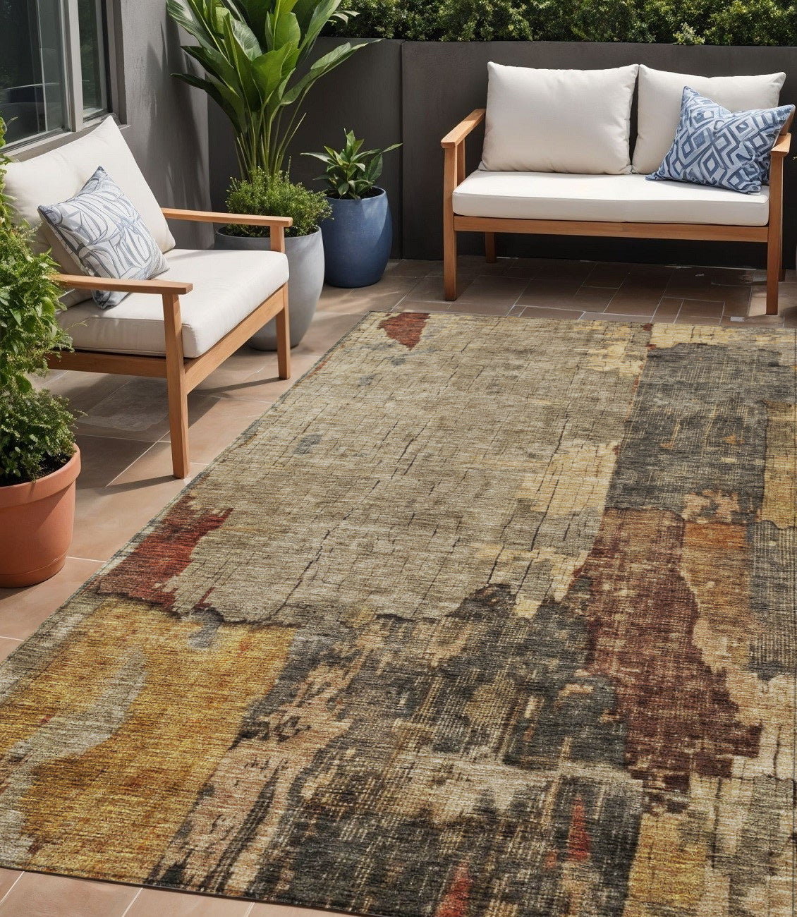 5 X 8 Khaki Charcoal And Terra Cotta Abstract Washable Indoor Outdoor Area Rug