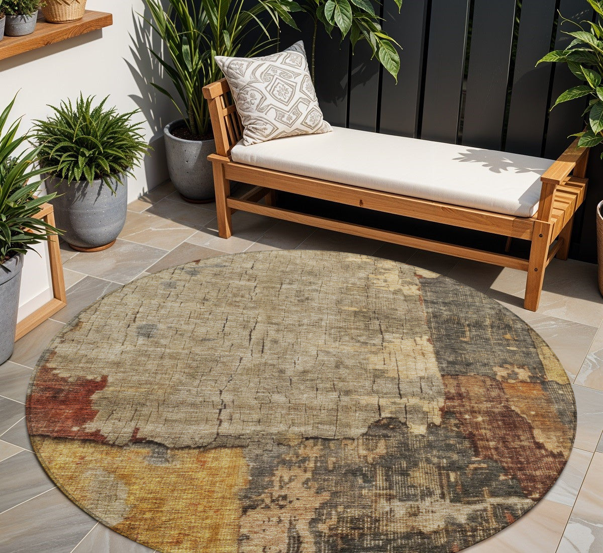 8 Khaki Charcoal And Terra Cotta Round Abstract Washable Indoor Outdoor Area Rug