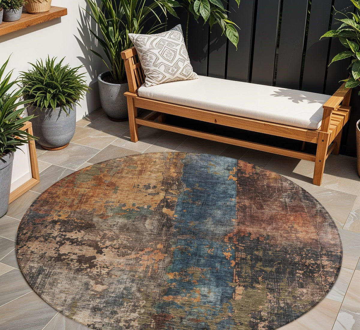 8 Blue Copper And Brown Round Abstract Washable Indoor Outdoor Area Rug