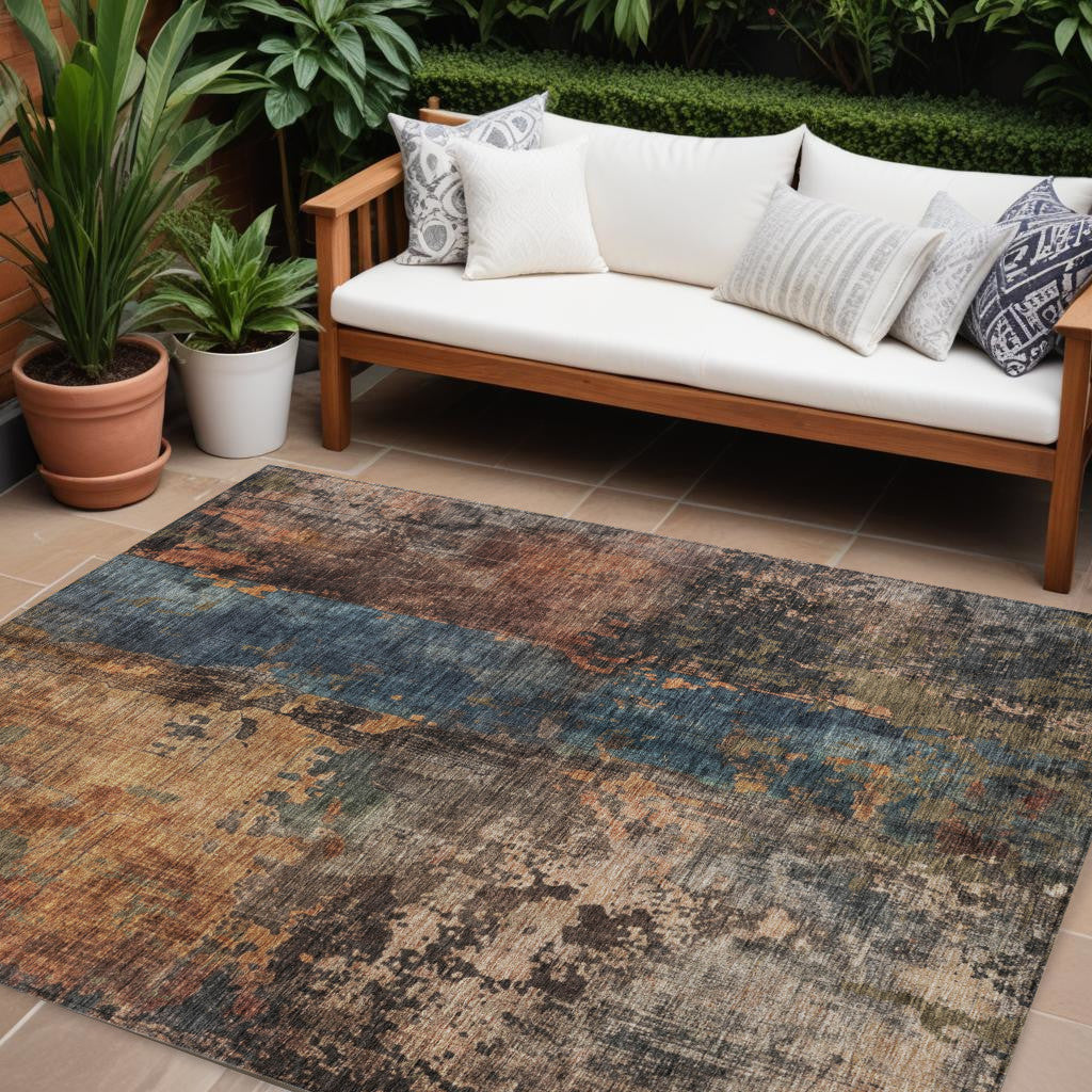 9 X 12 Blue Copper And Brown Abstract Washable Indoor Outdoor Area Rug