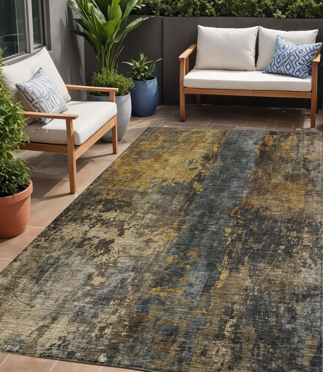 5 X 8 Gray Brown And Gold Abstract Washable Indoor Outdoor Area Rug