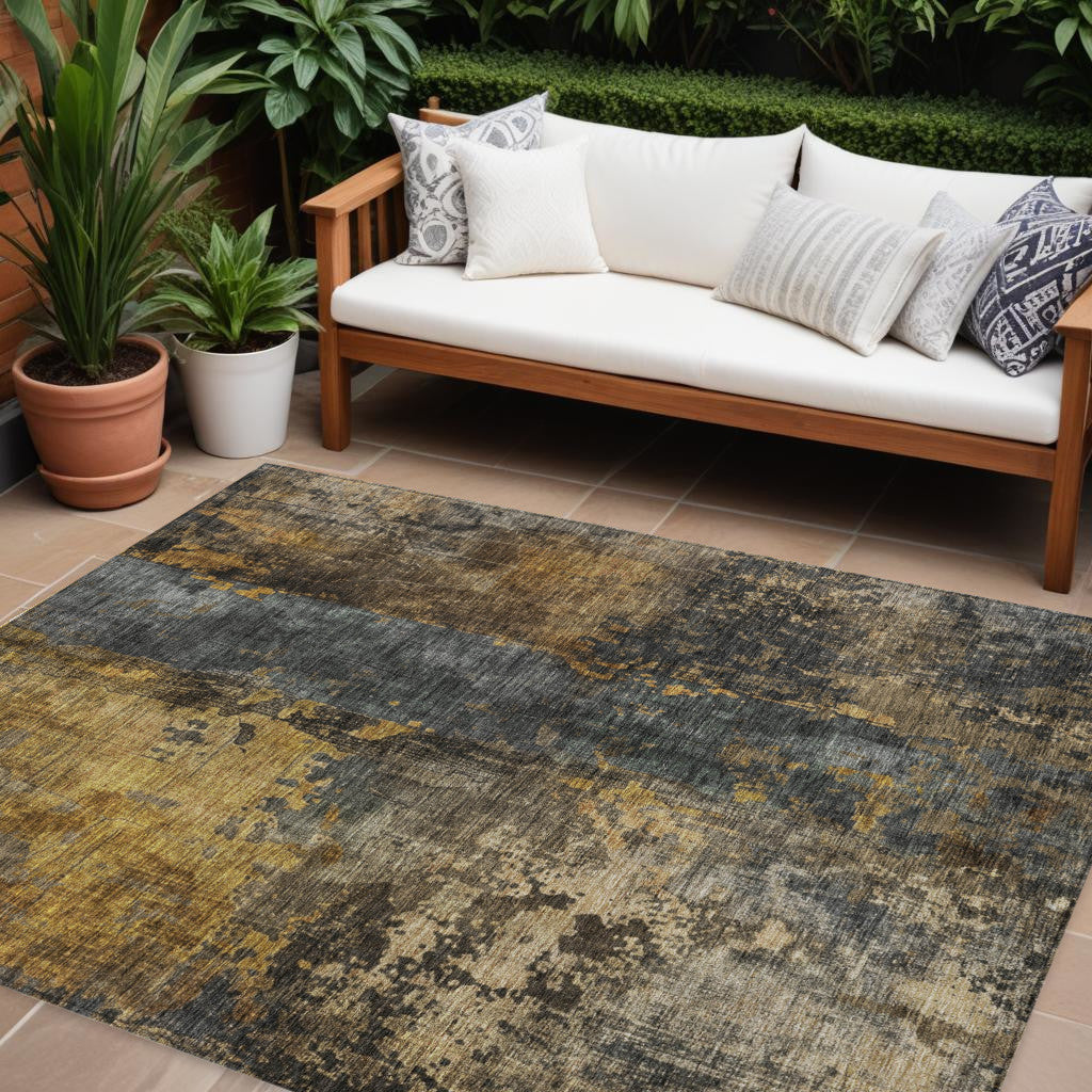8 X 10 Gray Brown And Gold Abstract Washable Indoor Outdoor Area Rug