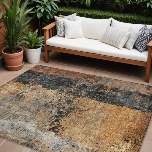 10 X 14 Copper And Black Abstract Washable Indoor Outdoor Area Rug
