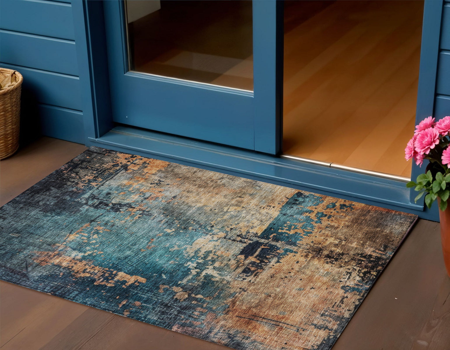 3 X 5 Teal Blue Black And Copper Abstract Washable Indoor Outdoor Area Rug