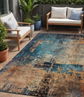 5 X 8 Teal Blue Black And Copper Abstract Washable Indoor Outdoor Area Rug