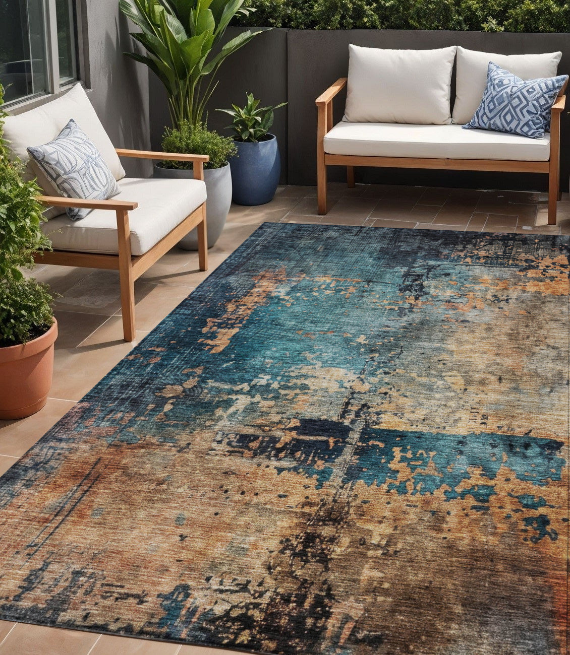 5 X 8 Teal Blue Black And Copper Abstract Washable Indoor Outdoor Area Rug