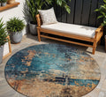 8 Teal Blue Black And Copper Round Abstract Washable Indoor Outdoor Area Rug