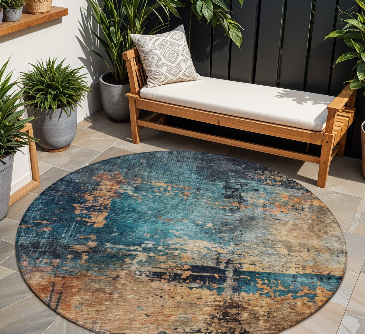 8 Teal Blue Black And Copper Round Abstract Washable Indoor Outdoor Area Rug