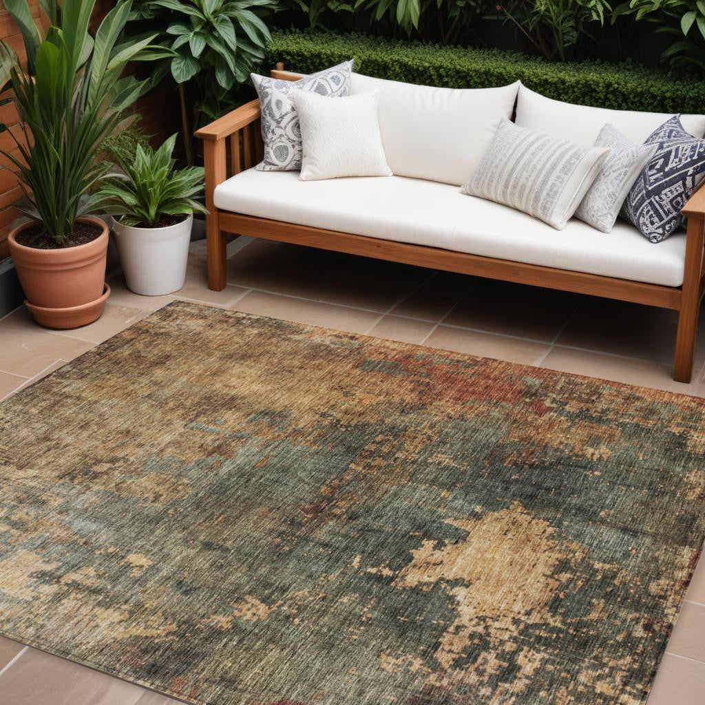 9 X 12 Sage Tan And Copper Abstract Washable Indoor Outdoor Area Rug
