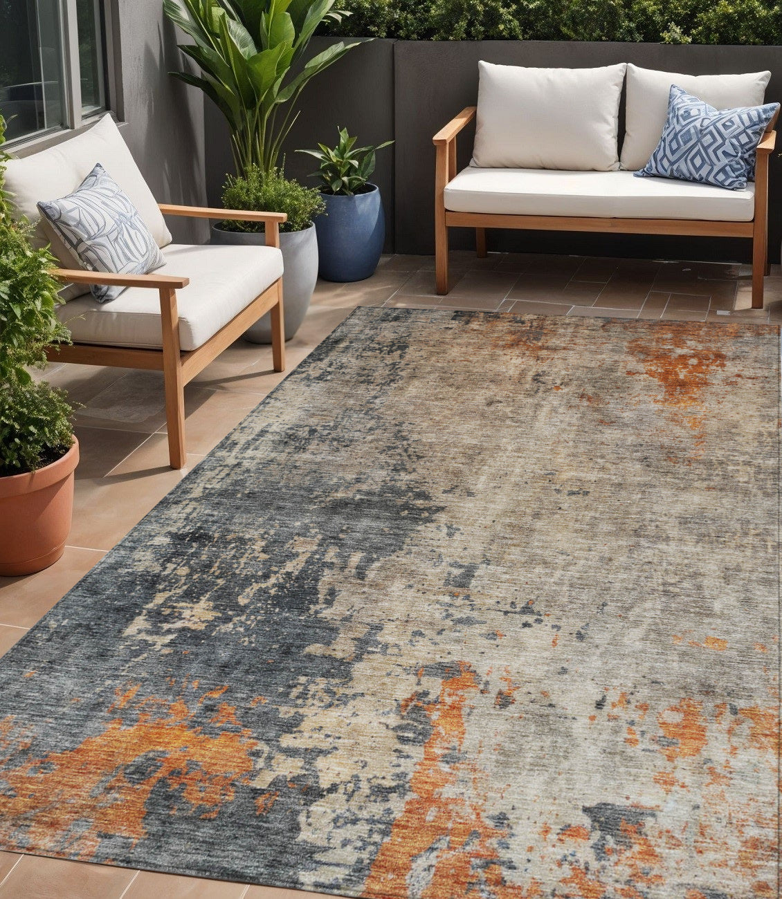 5 X 8 Khaki Gray And Copper Abstract Washable Indoor Outdoor Area Rug
